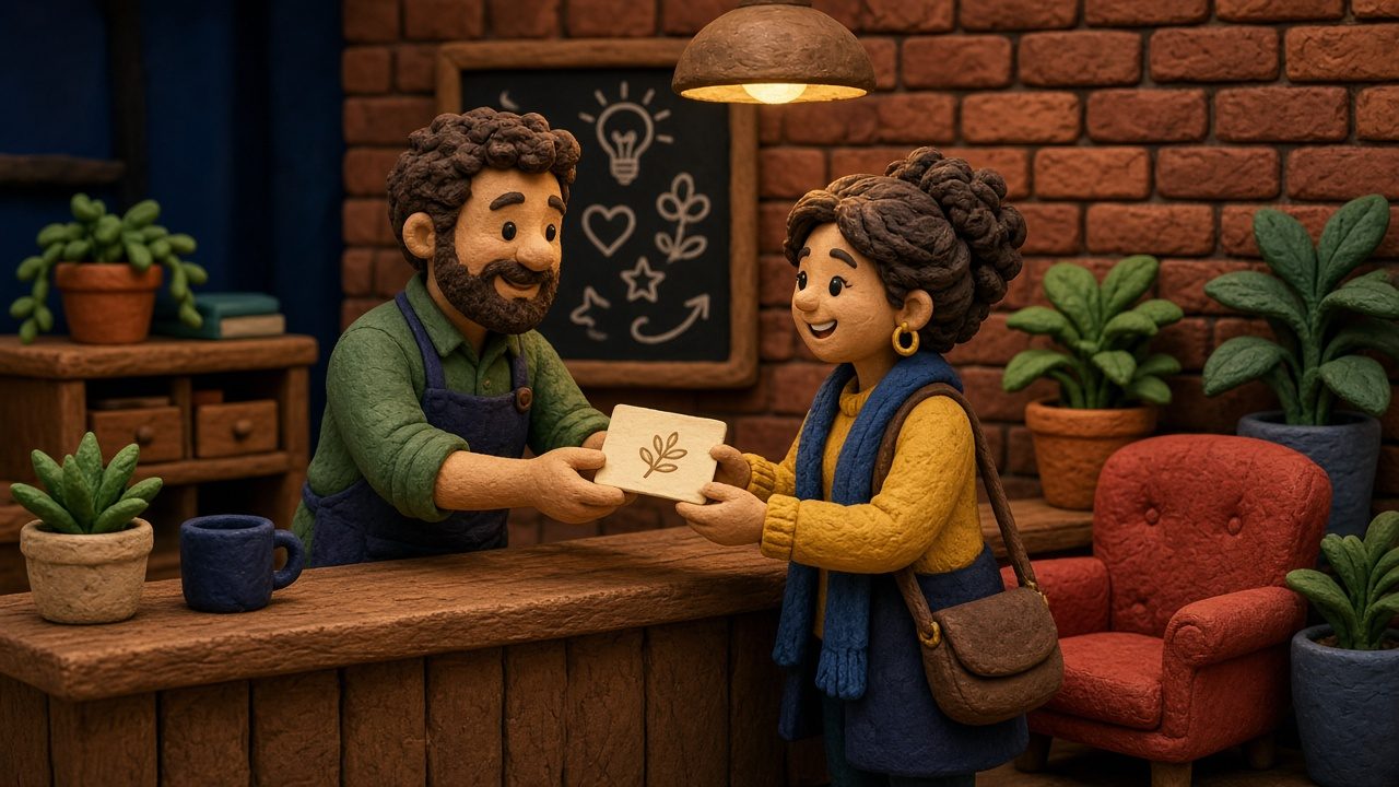 A clay shop owner handing a referral card across the counter