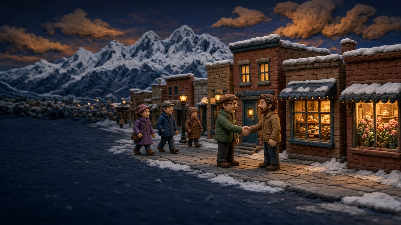 Clay shop owners shaking hands on a snowy Utah main street at dusk